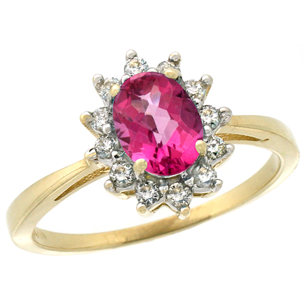 14K Yellow Gold Natural Pink Topaz Engagement Ring Oval 7x5mm Diamond Halo, sizes 5-10