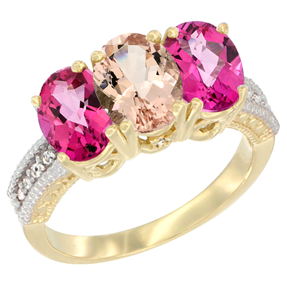 14K Yellow Gold Natural Morganite &amp; Pink Topaz Sides Ring 3-Stone 7x5 mm Oval Diamond Accent, sizes 5 - 10