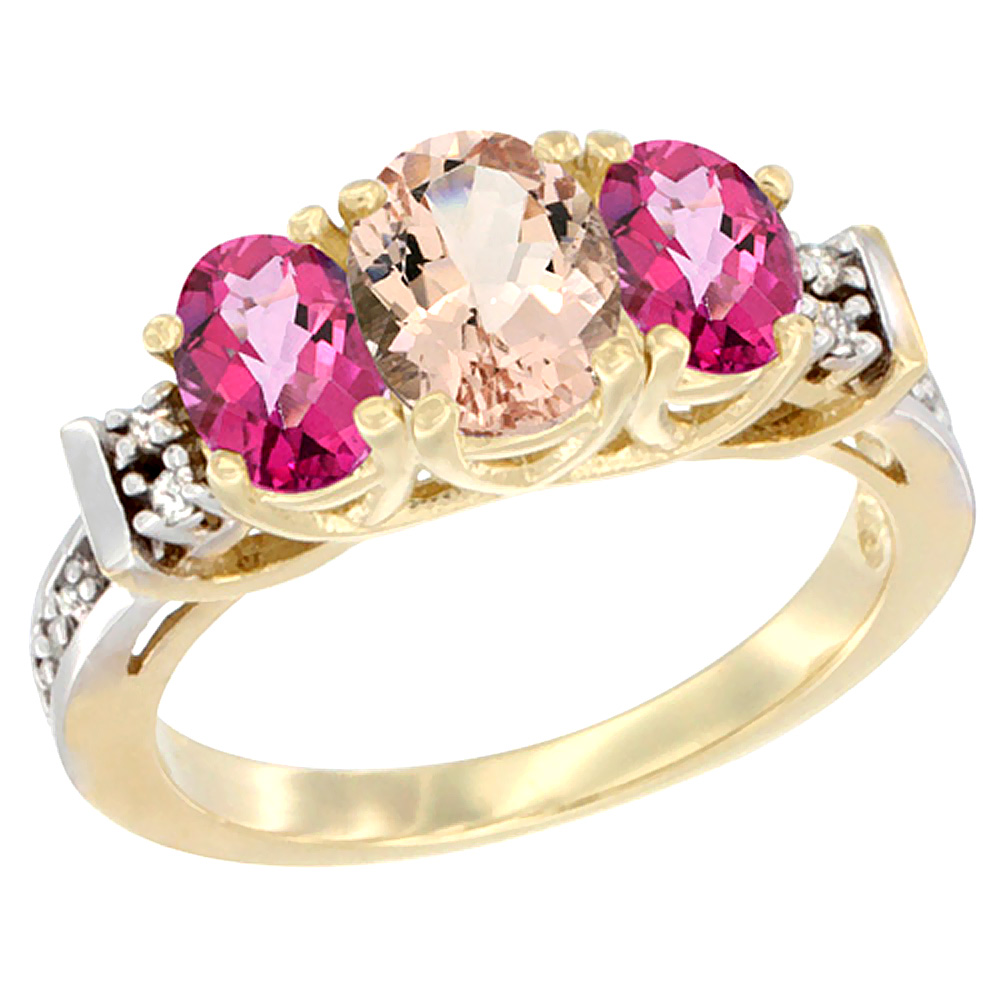 14K Yellow Gold Natural Morganite & Pink Topaz Ring 3-Stone Oval Diamond Accent