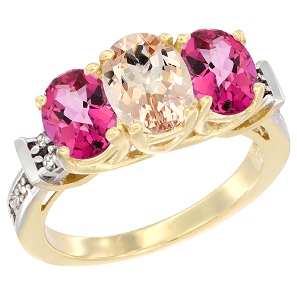 14K Yellow Gold Natural Morganite & Pink Topaz Sides Ring 3-Stone Oval Diamond Accent, sizes 5 - 10