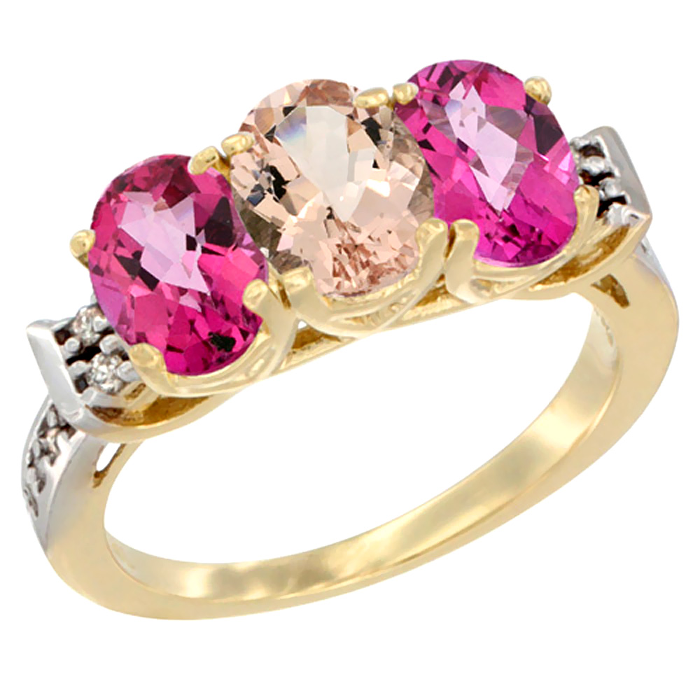 10K Yellow Gold Natural Morganite & Pink Topaz Sides Ring 3-Stone Oval 7x5 mm Diamond Accent, sizes 5 - 10