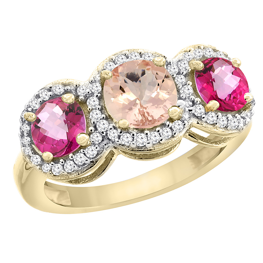 10K Yellow Gold Natural Morganite &amp; Pink Topaz Sides Round 3-stone Ring Diamond Accents, sizes 5 - 10