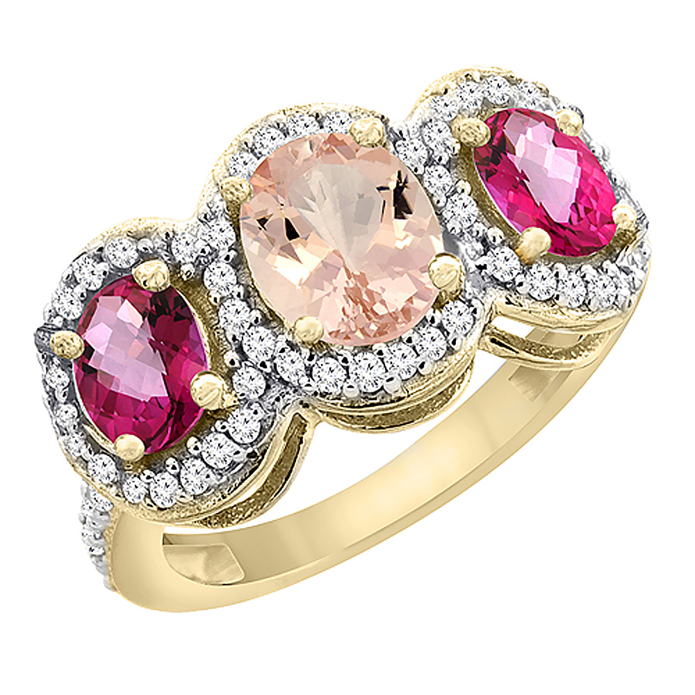 14K Yellow Gold Natural Morganite &amp; Pink Topaz 3-Stone Ring Oval Diamond Accent, sizes 5 - 10
