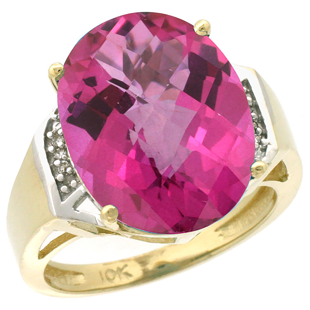 10K Yellow Gold Diamond Natural Pink Topaz Ring Oval 16x12mm, sizes 5-10