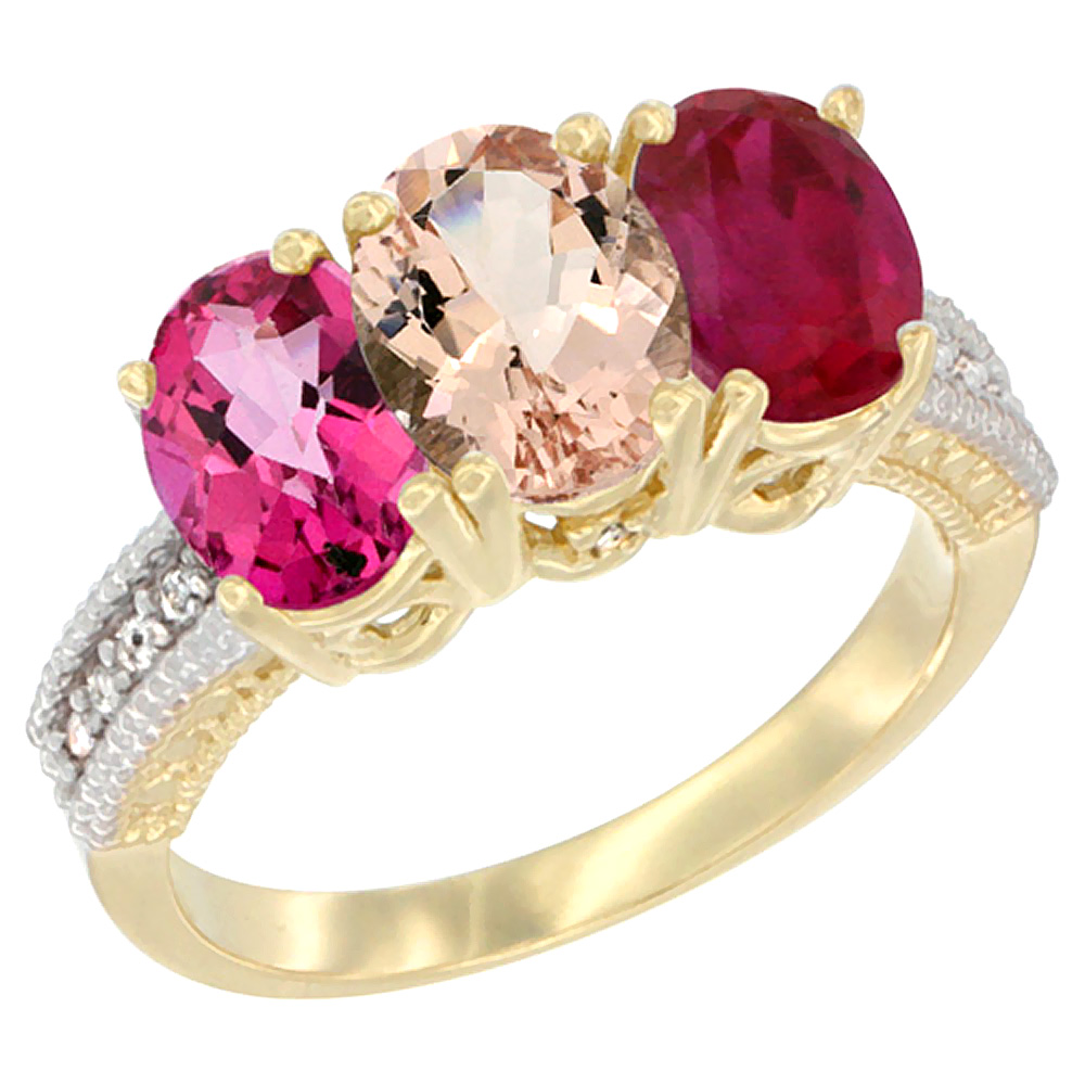 10K Yellow Gold Diamond Natural Pink Topaz, Morganite &amp; Ruby Ring 3-Stone Oval 7x5 mm, sizes 5 - 10