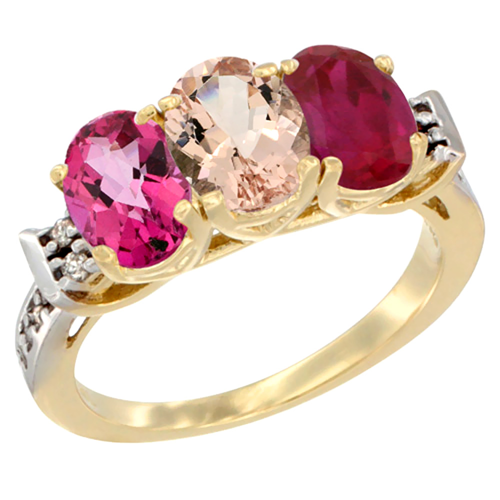 10K Yellow Gold Natural Pink Topaz, Morganite & Enhanced Ruby Ring 3-Stone Oval 7x5 mm Diamond Accent, sizes 5 - 10
