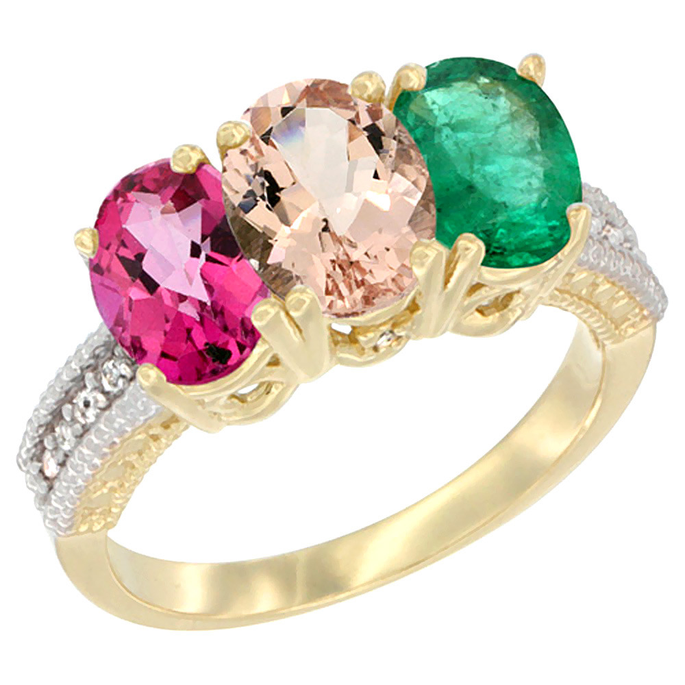 10K Yellow Gold Diamond Natural Pink Topaz, Morganite &amp; Emerald Ring 3-Stone Oval 7x5 mm, sizes 5 - 10
