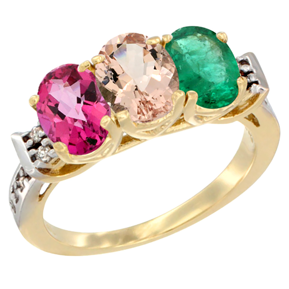 10K Yellow Gold Natural Pink Topaz, Morganite &amp; Emerald Ring 3-Stone Oval 7x5 mm Diamond Accent, sizes 5 - 10