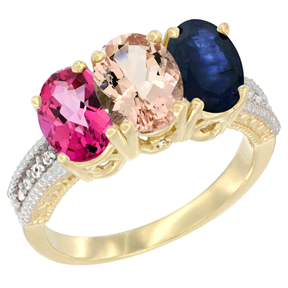 14K Yellow Gold Natural Pink Topaz, Morganite & Blue Sapphire Ring 3-Stone 7x5 mm Oval Diamond Accent, sizes 5 - 10