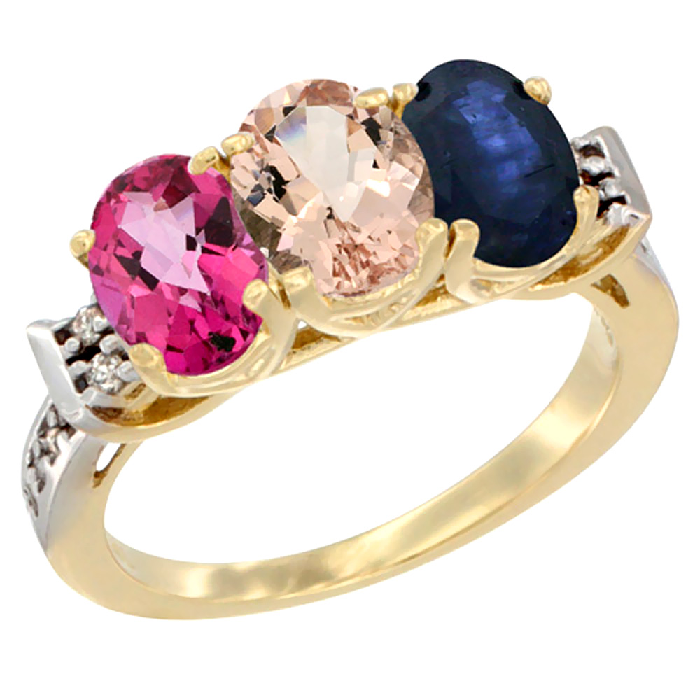 10K Yellow Gold Natural Pink Topaz, Morganite &amp; Blue Sapphire Ring 3-Stone Oval 7x5 mm Diamond Accent, sizes 5 - 10