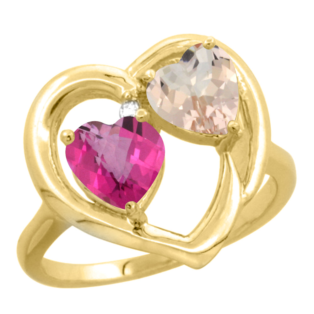 10K Yellow Gold Diamond Two-stone Heart Ring 6 mm Natural Pink Topaz &amp; Morganite, sizes 5-10