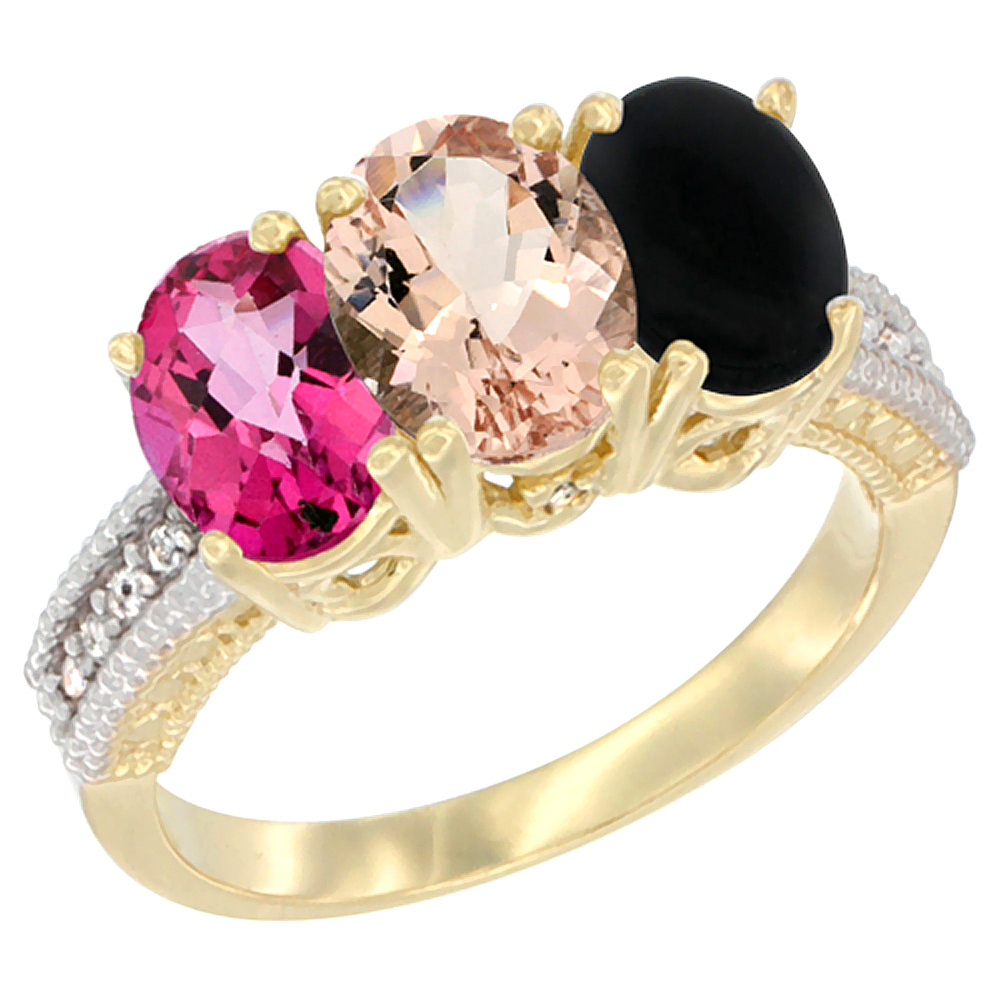 14K Yellow Gold Natural Pink Topaz, Morganite & Black Onyx Ring 3-Stone 7x5 mm Oval Diamond Accent, sizes 5 - 10