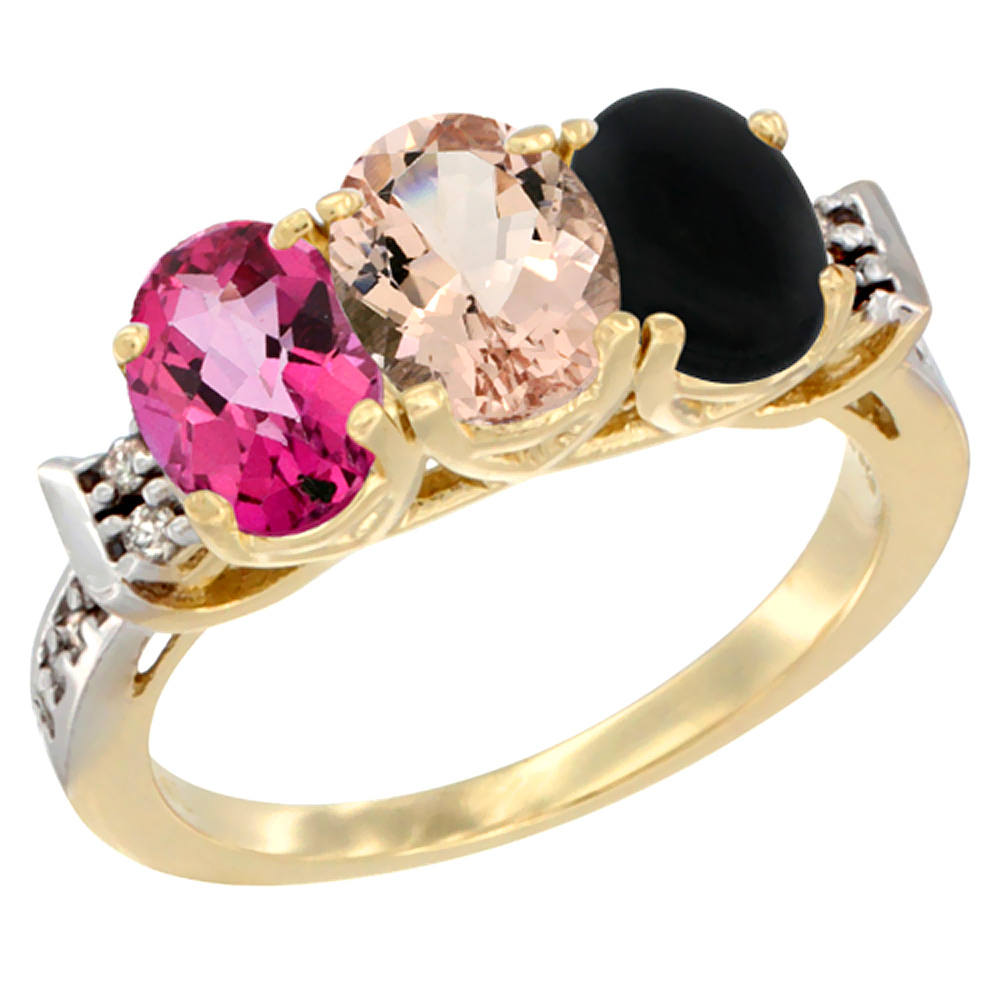 14K Yellow Gold Natural Pink Topaz, Morganite &amp; Black Onyx Ring 3-Stone 7x5 mm Oval Diamond Accent, sizes 5 - 10