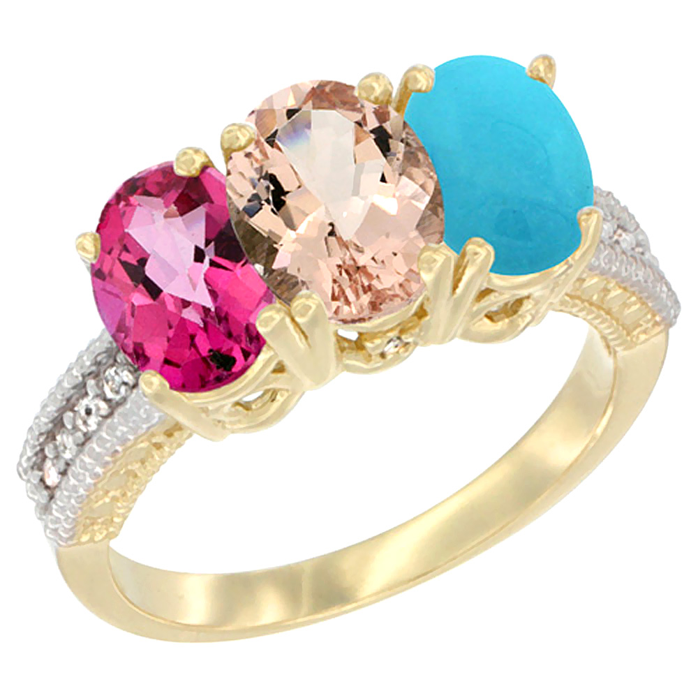 10K Yellow Gold Diamond Natural Pink Topaz, Morganite &amp; Turquoise Ring 3-Stone Oval 7x5 mm, sizes 5 - 10