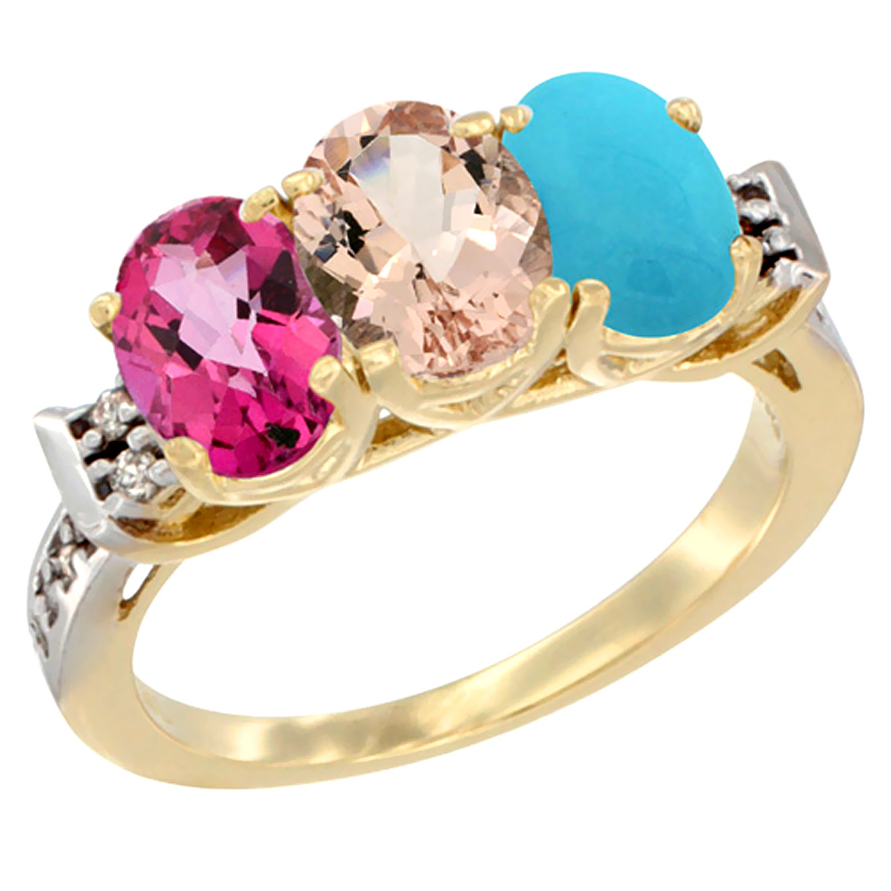 10K Yellow Gold Natural Pink Topaz, Morganite & Turquoise Ring 3-Stone Oval 7x5 mm Diamond Accent, sizes 5 - 10