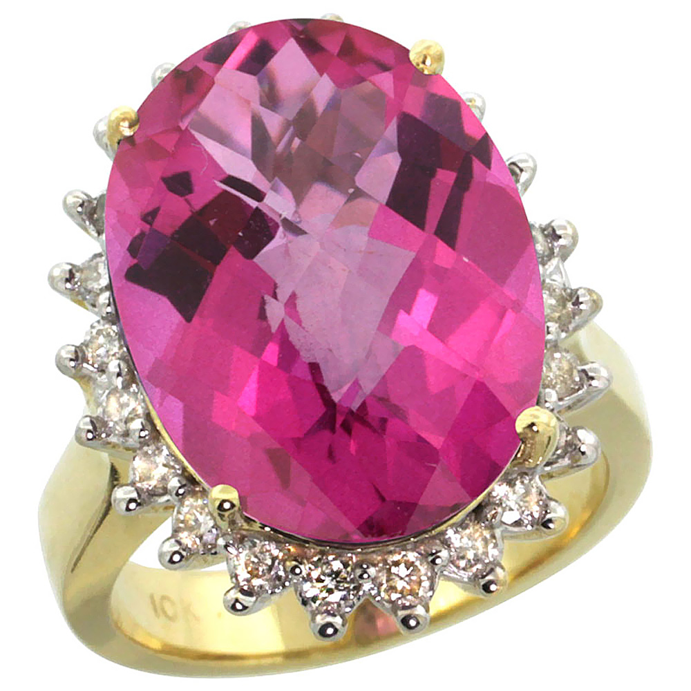 10k Yellow Gold Diamond Halo Natural Pink Topaz Ring Large Oval 18x13mm, sizes 5-10