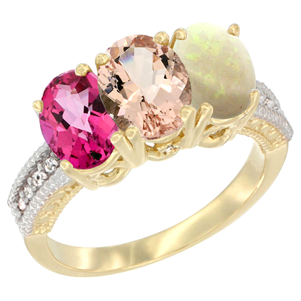 14K Yellow Gold Natural Pink Topaz, Morganite & Opal Ring 3-Stone 7x5 mm Oval Diamond Accent, sizes 5 - 10