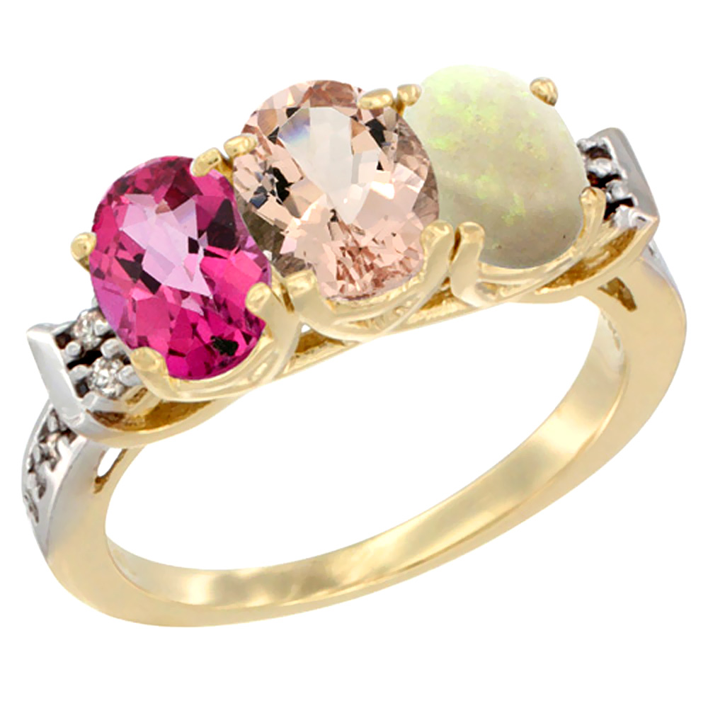 10K Yellow Gold Natural Pink Topaz, Morganite &amp; Opal Ring 3-Stone Oval 7x5 mm Diamond Accent, sizes 5 - 10