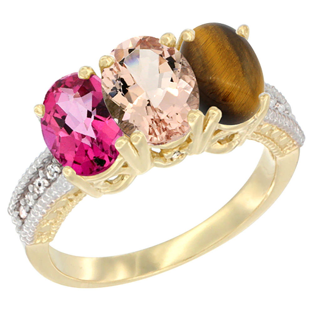 14K Yellow Gold Natural Pink Topaz, Morganite &amp; Tiger Eye Ring 3-Stone 7x5 mm Oval Diamond Accent, sizes 5 - 10