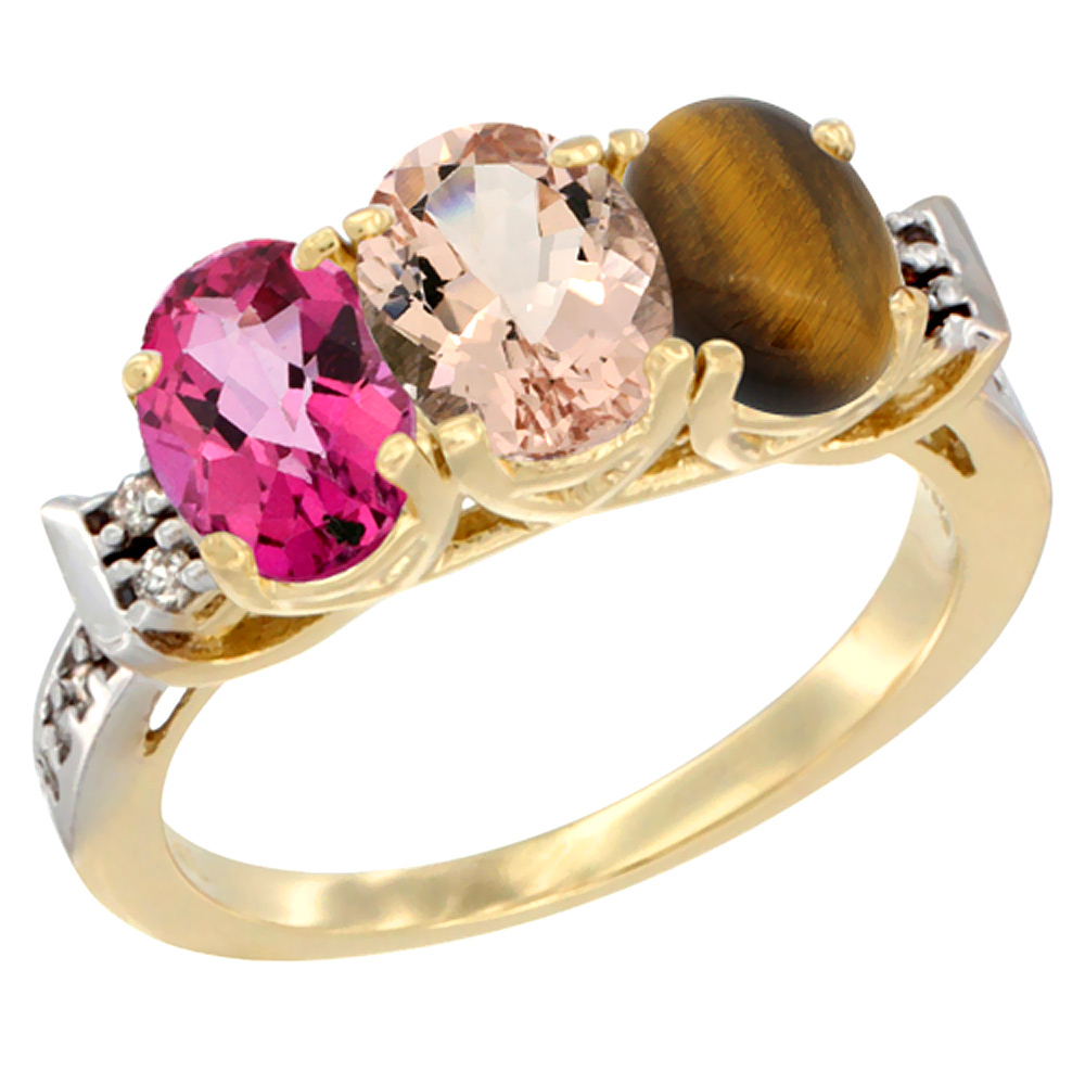 10K Yellow Gold Natural Pink Topaz, Morganite & Tiger Eye Ring 3-Stone Oval 7x5 mm Diamond Accent, sizes 5 - 10