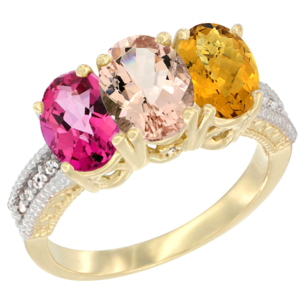 10K Yellow Gold Diamond Natural Pink Topaz, Morganite &amp; Whisky Quartz Ring 3-Stone Oval 7x5 mm, sizes 5 - 10