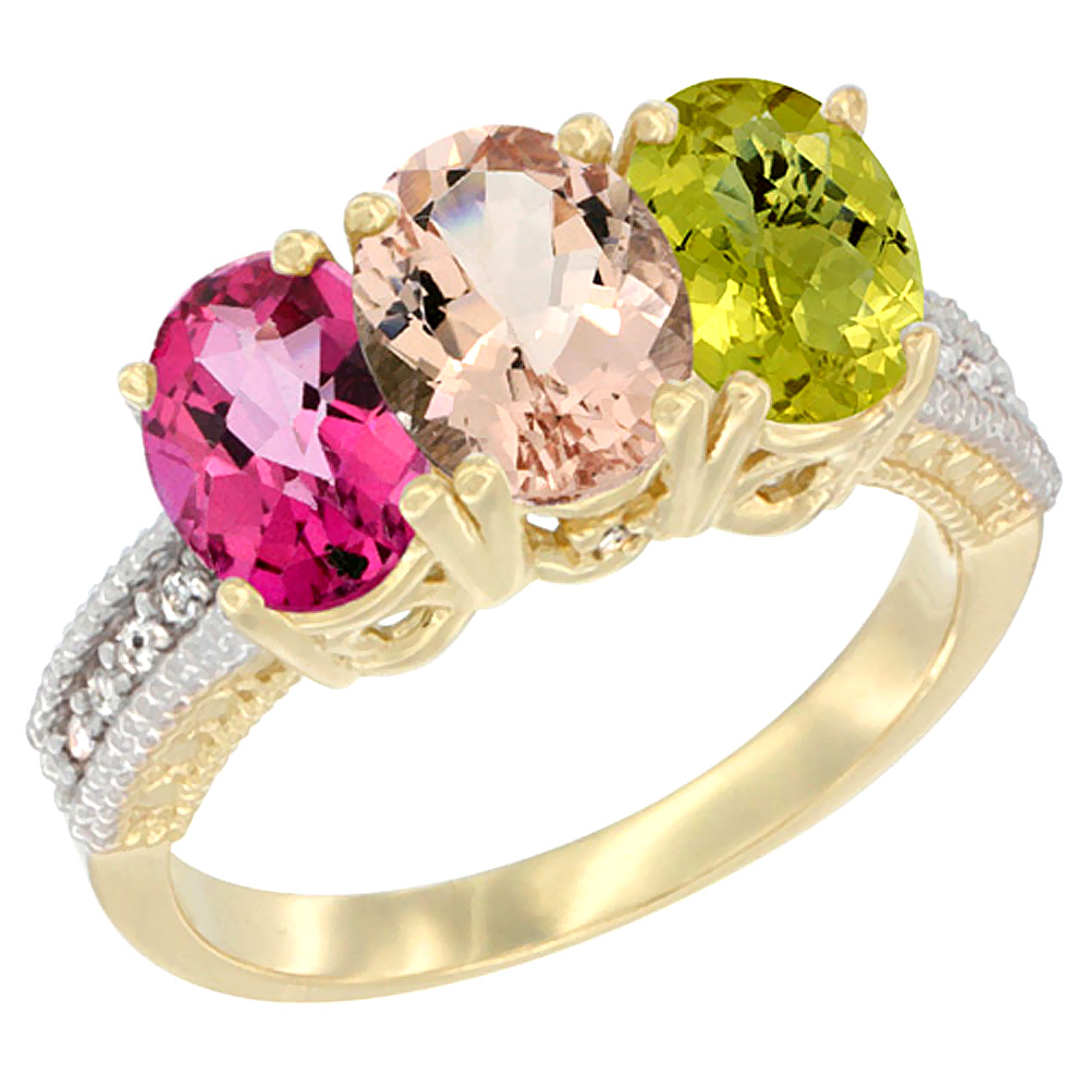 10K Yellow Gold Diamond Natural Pink Topaz, Morganite & Lemon Quartz Ring 3-Stone Oval 7x5 mm, sizes 5 - 10