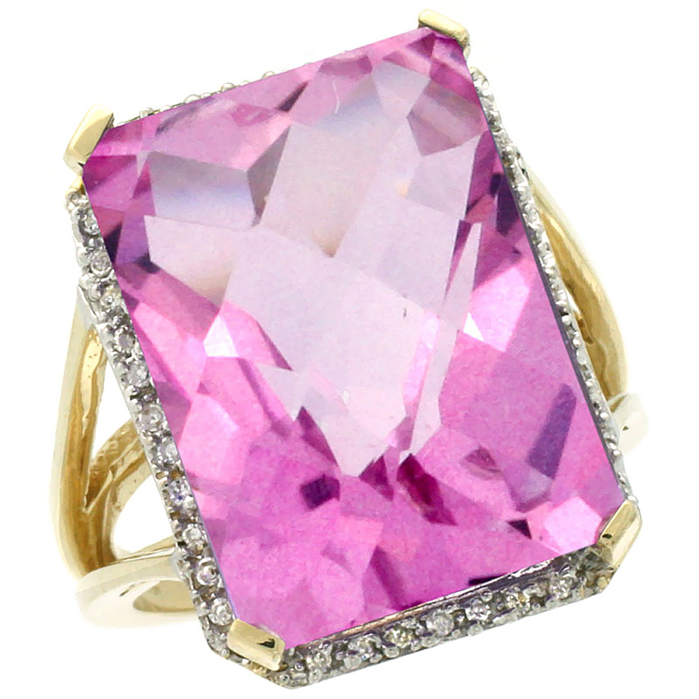 10K Yellow Gold Diamond Natural Pink Topaz Ring Emerald-cut 18x13mm, sizes 5-10