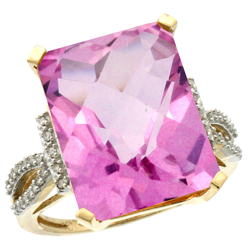 10K Yellow Gold Diamond Natural Pink Topaz Ring Emerald-cut 16x12mm, sizes 5-10