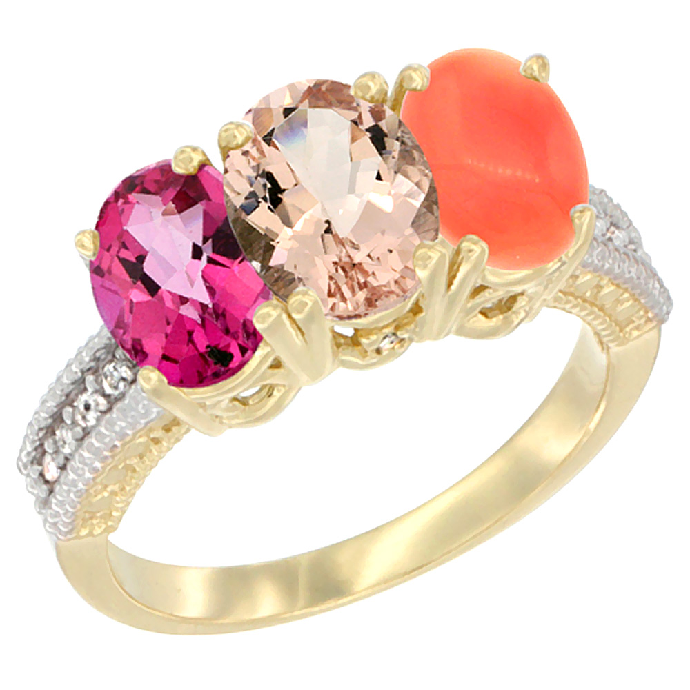 14K Yellow Gold Natural Pink Topaz, Morganite & Coral Ring 3-Stone 7x5 mm Oval Diamond Accent, sizes 5 - 10