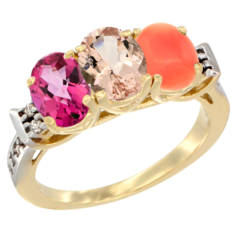 10K Yellow Gold Natural Pink Topaz, Morganite &amp; Coral Ring 3-Stone Oval 7x5 mm Diamond Accent, sizes 5 - 10