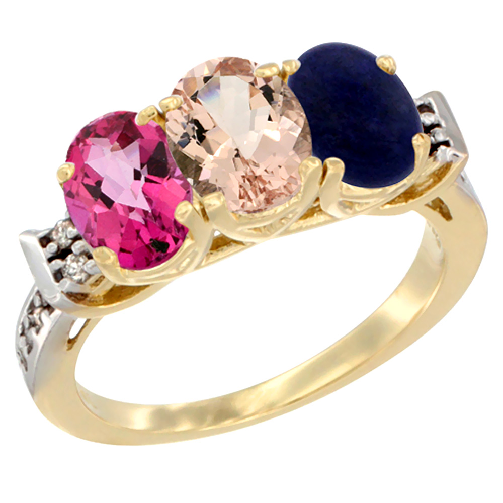 10K Yellow Gold Natural Pink Topaz, Morganite & Lapis Ring 3-Stone Oval 7x5 mm Diamond Accent, sizes 5 - 10