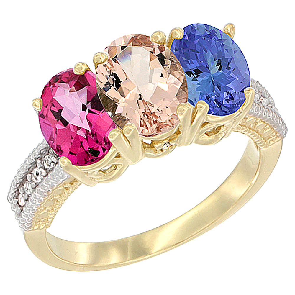 10K Yellow Gold Diamond Natural Pink Topaz, Morganite & Tanzanite Ring 3-Stone Oval 7x5 mm, sizes 5 - 10
