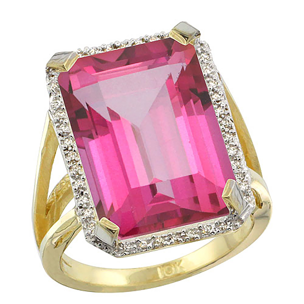 10K Yellow Gold Diamond Natural Pink Topaz Ring Emerald-cut 18x13mm, sizes 5-10
