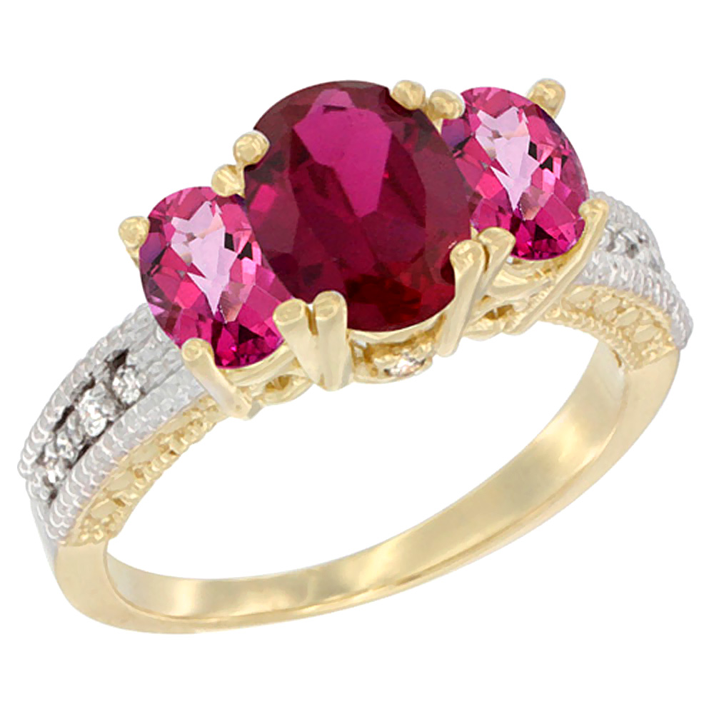 14K Yellow Gold Diamond Quality Ruby 7x5mm &amp; 6x4mm Pink Topaz Oval 3-stone Mothers Ring,size 5 - 10
