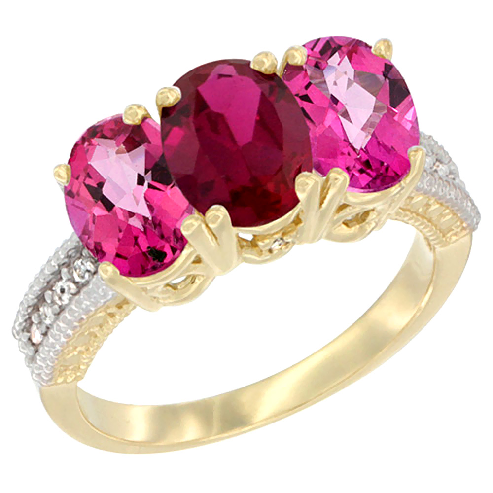 10K Yellow Gold Diamond Enhanced Ruby &amp; Natural Pink Topaz Ring 3-Stone 7x5 mm Oval, sizes 5 - 10