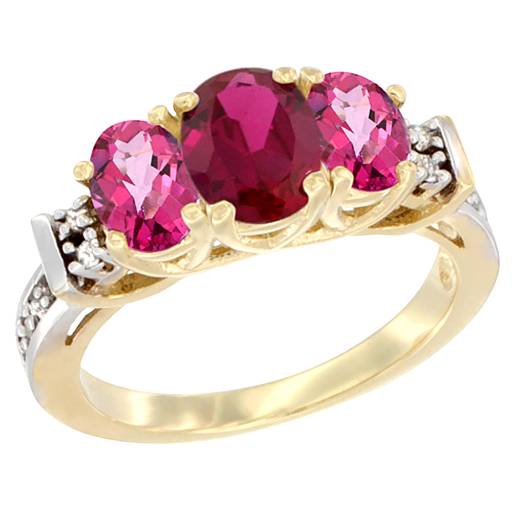10K Yellow Gold Natural High Quality Ruby & Pink Topaz Ring 3-Stone Oval Diamond Accent
