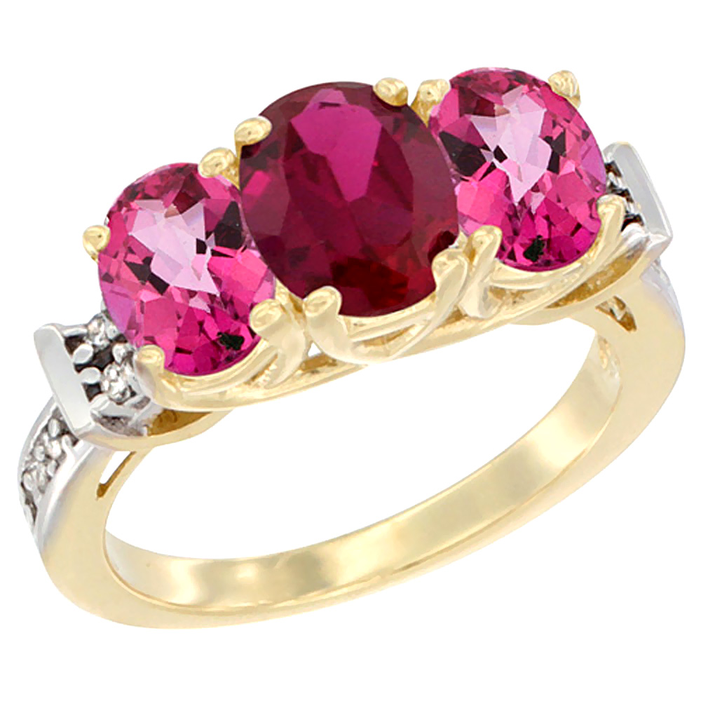 14K Yellow Gold Enhanced Ruby &amp; Pink Topaz Sides Ring 3-Stone Oval Diamond Accent, sizes 5 - 10