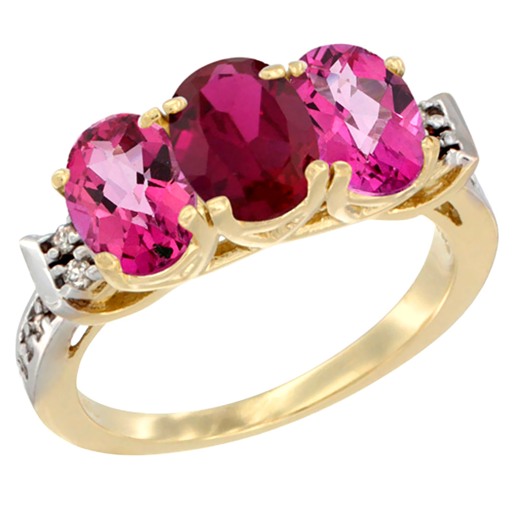 10K Yellow Gold Enhanced Ruby & Natural Pink Topaz Sides Ring 3-Stone Oval 7x5 mm Diamond Accent, sizes 5 - 10