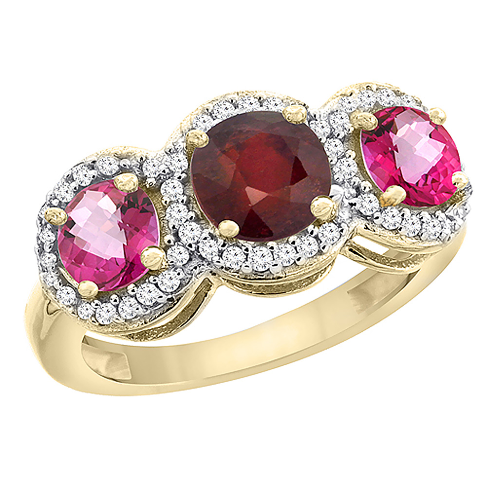 14K Yellow Gold Enhanced Ruby &amp; Pink Topaz Sides Round 3-stone Ring Diamond Accents, sizes 5 - 10