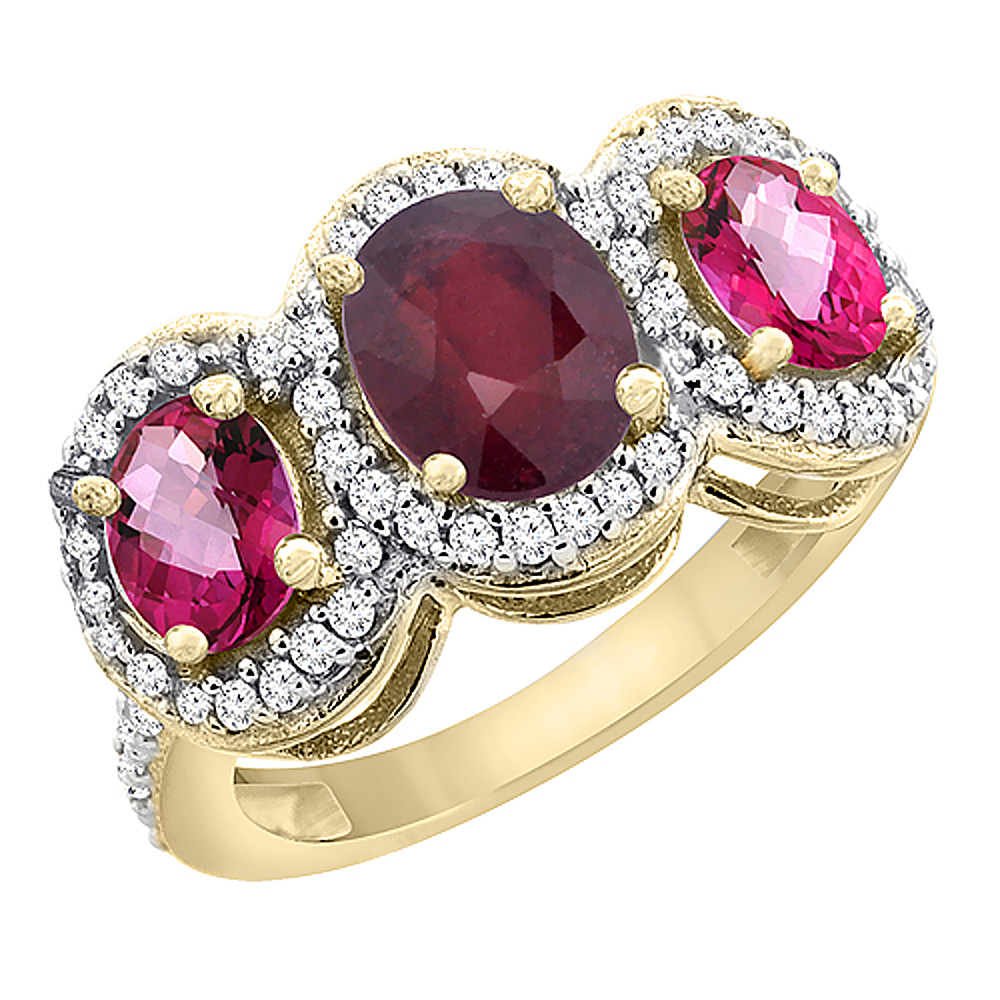 14K Yellow Gold Natural Quality Ruby &amp; Pink Topaz 3-stone Mothers Ring Oval Diamond Accent, size 5 - 10