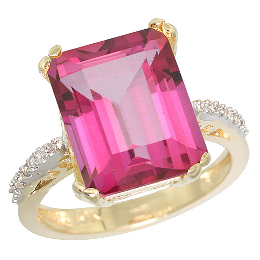 14K Yellow Gold Diamond Natural Pink Topaz Ring Emerald-cut 12x10mm, sizes 5-10