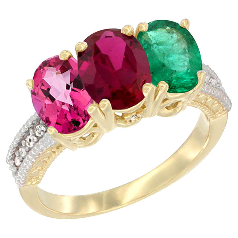 10K Yellow Gold Diamond Natural Pink Topaz, Enhanced Ruby & Emerald Ring 3-Stone 7x5 mm Oval, sizes 5 - 10