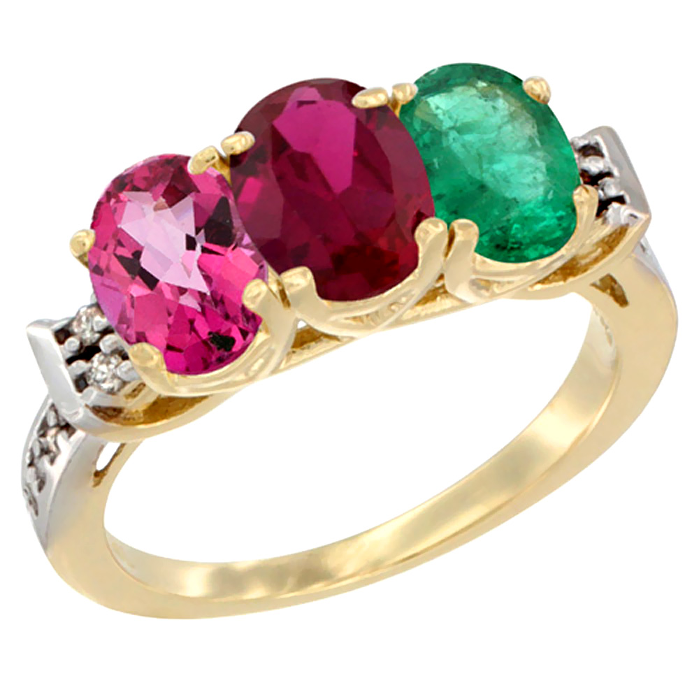10K Yellow Gold Natural Pink Topaz, Enhanced Ruby & Natural Emerald Ring 3-Stone Oval 7x5 mm Diamond Accent, sizes 5 - 10