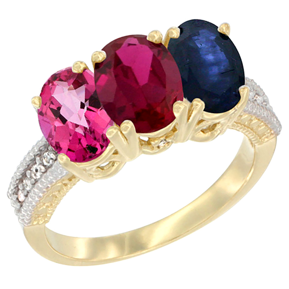 10K Yellow Gold Diamond Natural Pink Topaz, Enhanced Ruby &amp; Blue Sapphire Ring 3-Stone 7x5 mm Oval, sizes 5 - 10