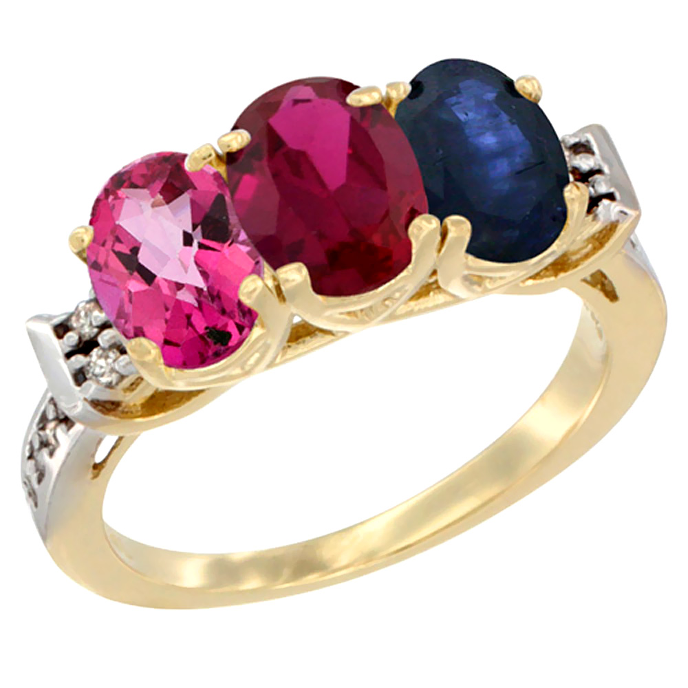 10K Yellow Gold Natural Pink Topaz, Enhanced Ruby & Natural Blue Sapphire Ring 3-Stone Oval 7x5 mm Diamond Accent, sizes 5 - 10