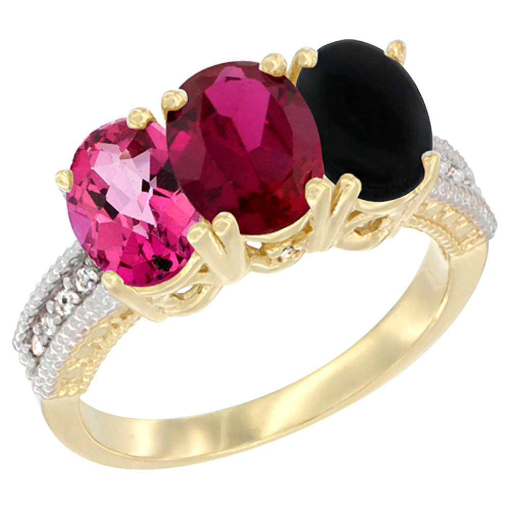 10K Yellow Gold Diamond Natural Pink Topaz, Enhanced Ruby &amp; Black Onyx Ring 3-Stone 7x5 mm Oval, sizes 5 - 10