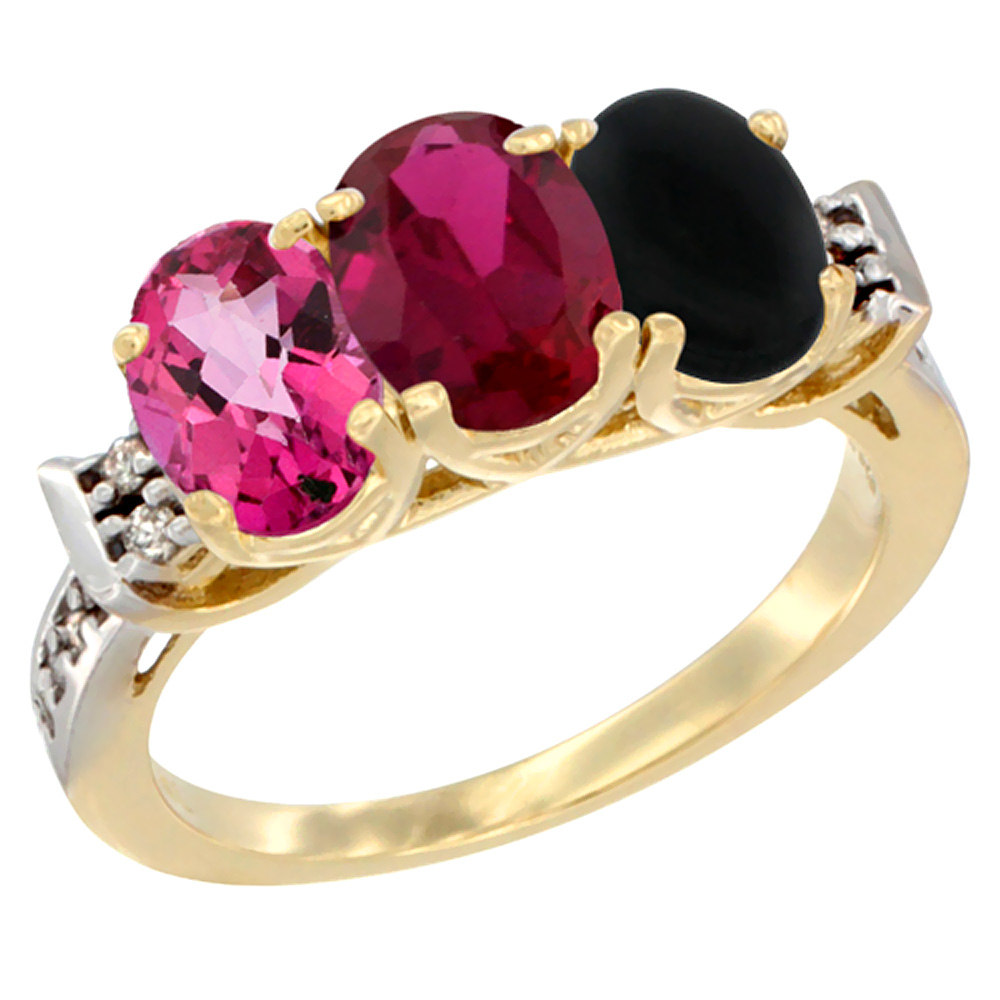 10K Yellow Gold Natural Pink Topaz, Enhanced Ruby & Natural Black Onyx Ring 3-Stone Oval 7x5 mm Diamond Accent, sizes 5 - 10