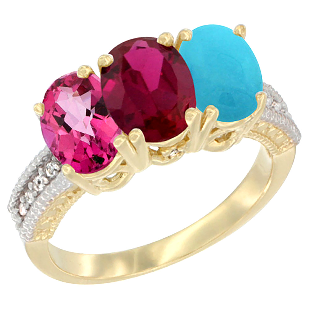 10K Yellow Gold Diamond Natural Pink Topaz, Enhanced Ruby & Turquoise Ring 3-Stone 7x5 mm Oval, sizes 5 - 10