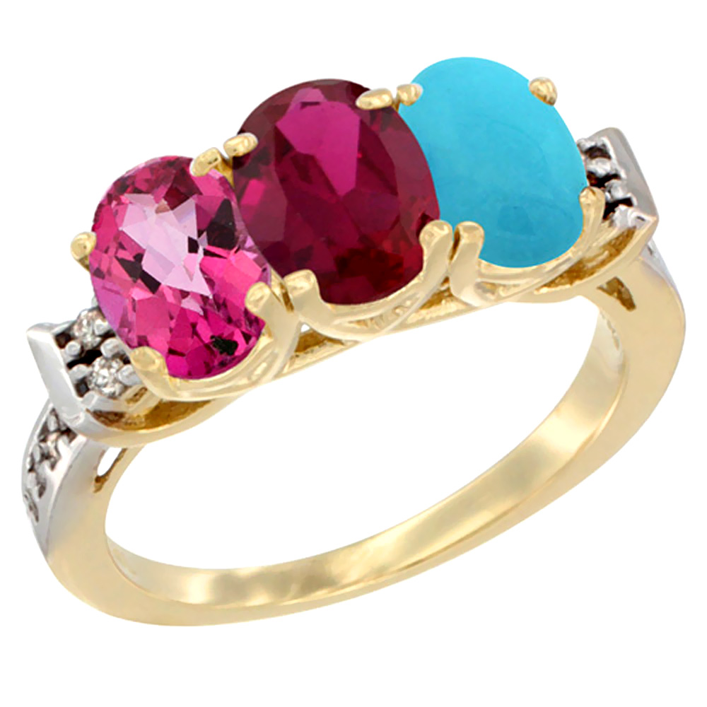 10K Yellow Gold Natural Pink Topaz, Enhanced Ruby & Natural Turquoise Ring 3-Stone Oval 7x5 mm Diamond Accent, sizes 5 - 10