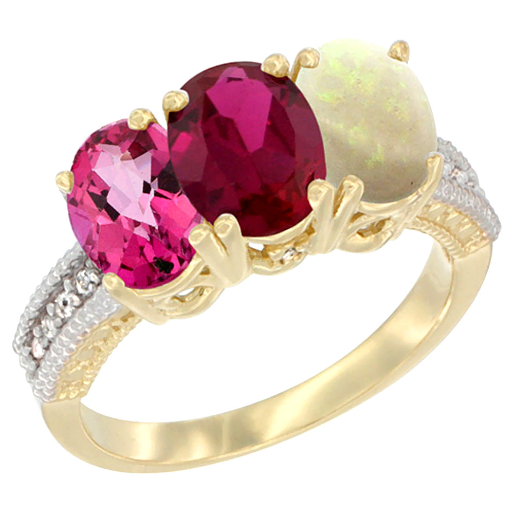10K Yellow Gold Diamond Natural Pink Topaz, Enhanced Ruby & Opal Ring 3-Stone 7x5 mm Oval, sizes 5 - 10